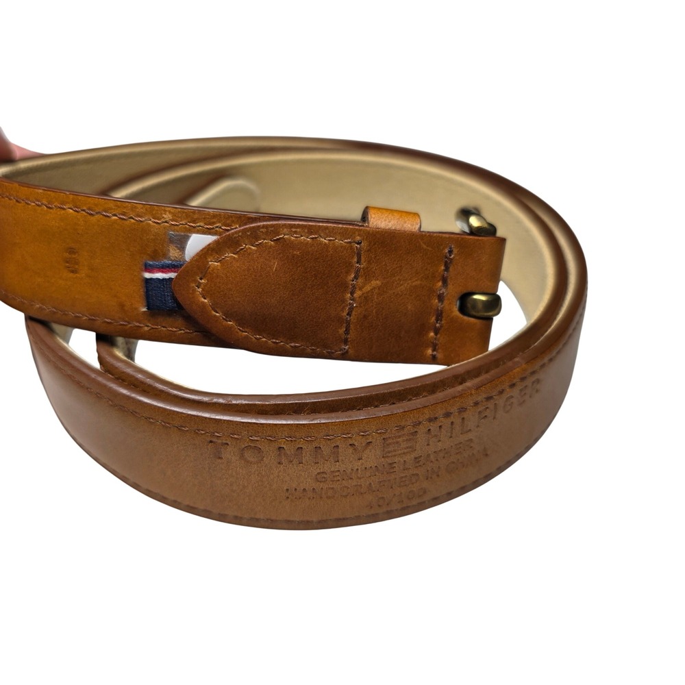Tommy Hilfiger Mens Tan Leather Canvas Ribbon Belt Size 40 Preppy Classic Khaki